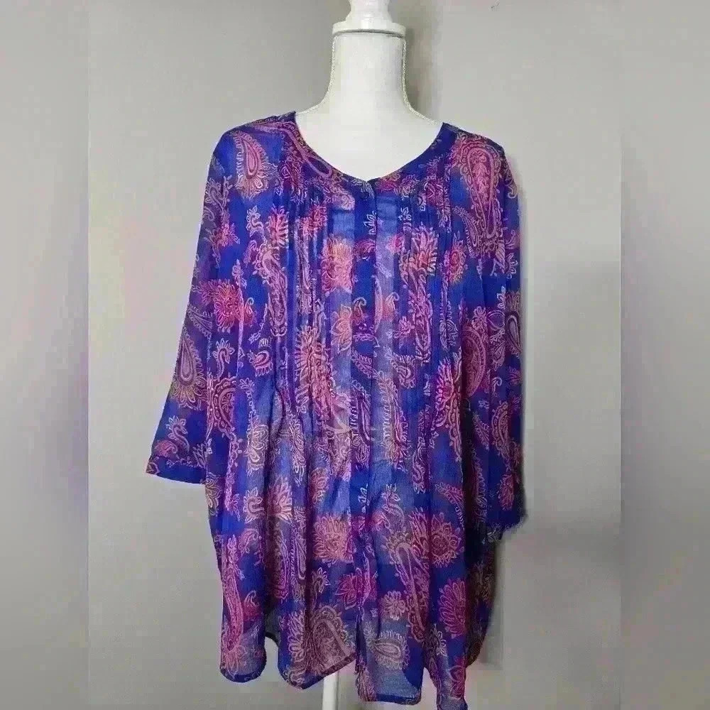 Blair Chiffon Tunic Top Paisley Sheer Button Down Blouse Artsy Pintucked